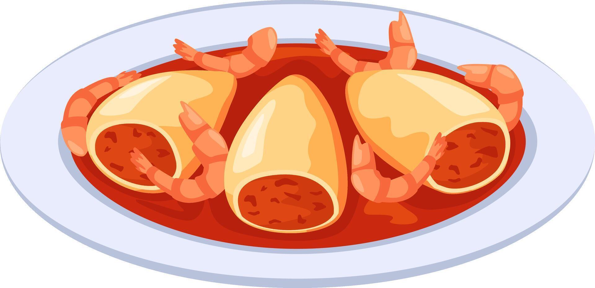 Three pasta shells stuffed with bolognese sauce are placed on a white oval plate, immersed in a vibrant tomato sauce and garnished with fresh shrimps, creating an inviting culinary scene vector