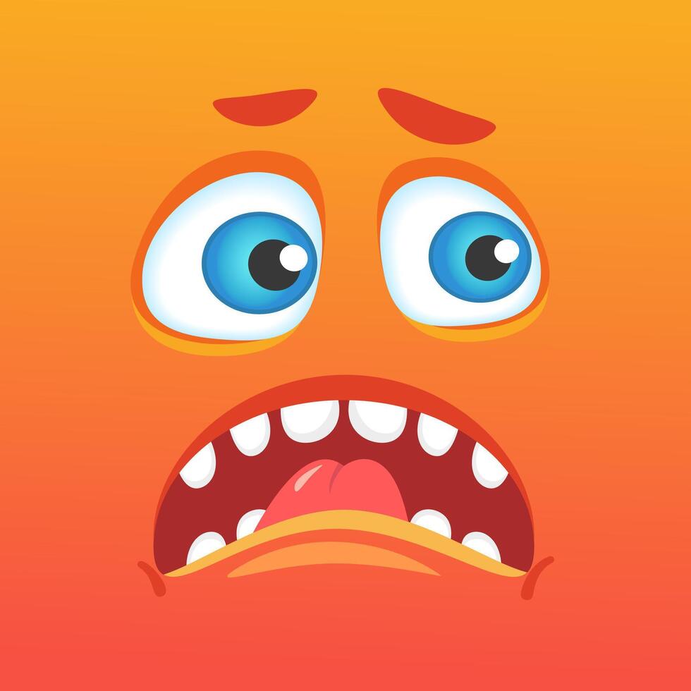 Orange monster face featuring large blue eyes, an open mouth, and a tongue sticking out, expressing a comically scared look, ideal for Halloween themed projects and designs vector