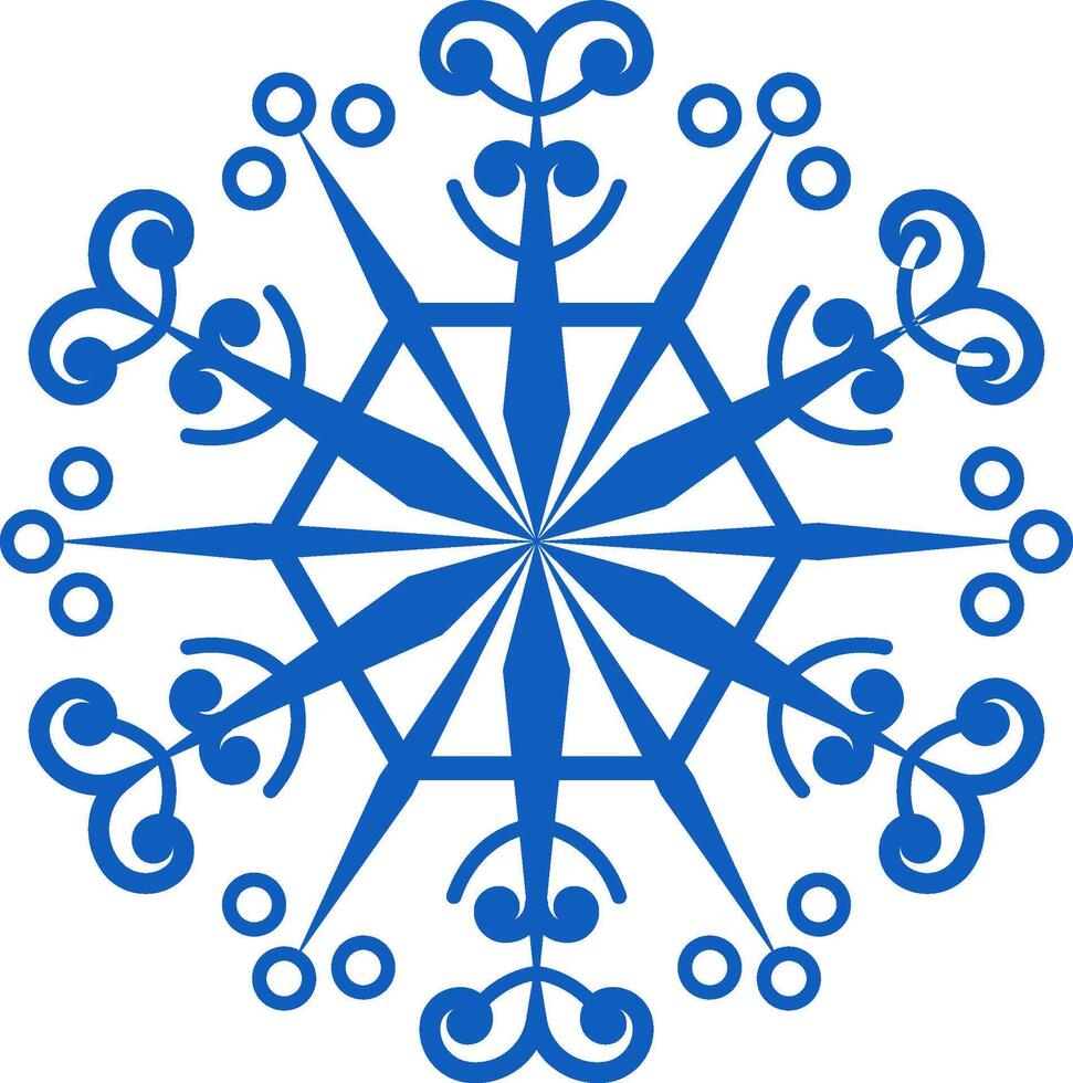 Decorative blue snowflake with elegant swirls and circles, symbolizing winter, christmas, and frozen beauty, perfect for festive designs and holiday projects vector