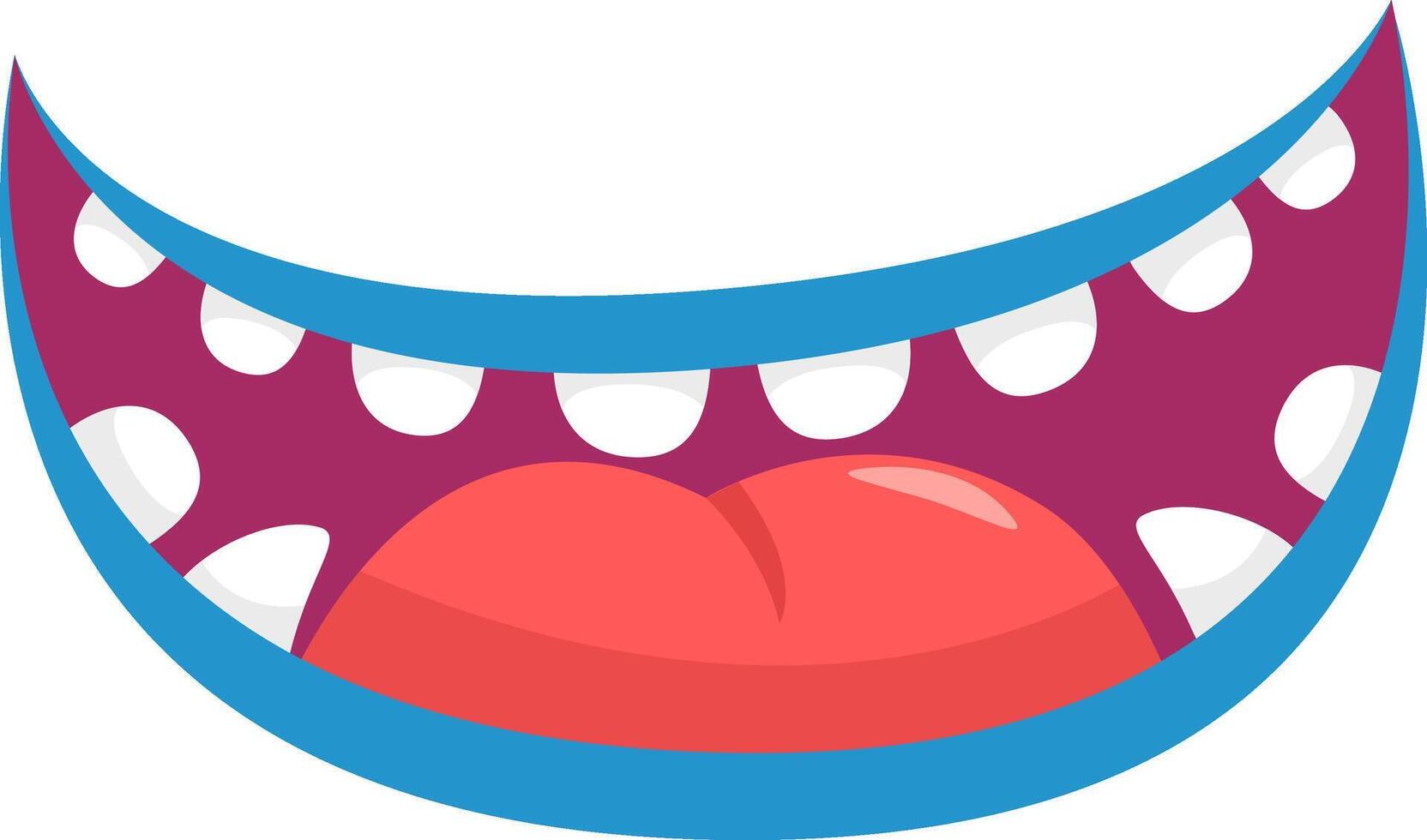 Cartoon mouth with large white teeth and pink tongue, showing happiness and joy, ideal for illustrations, animations and children's designs vector