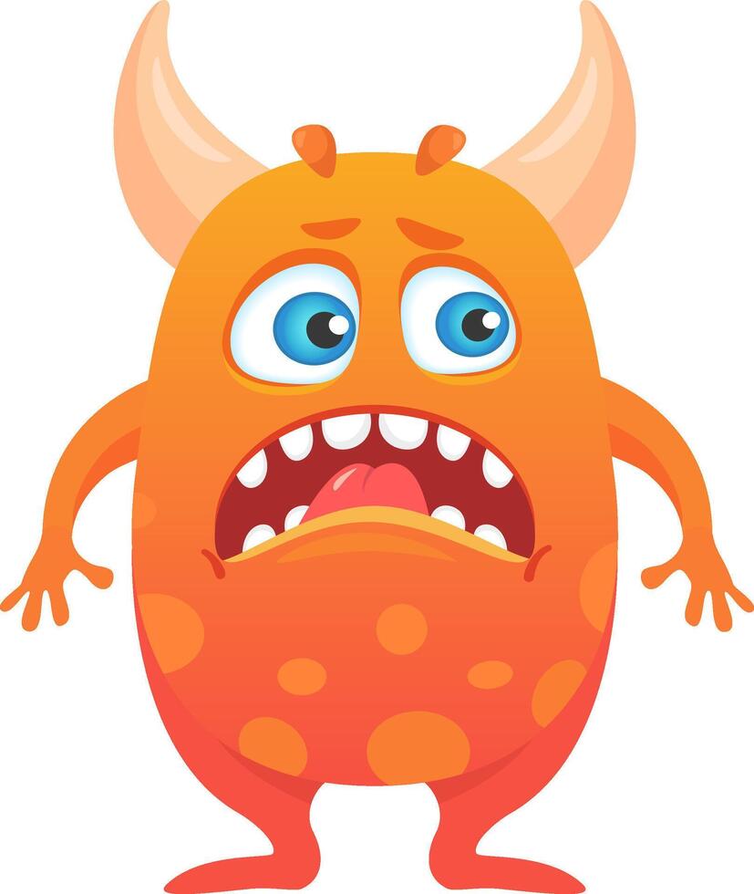 Funny, surprised orange cartoon monster with big eyes, playful horns, and an open mouth sticking out its tongue, making it perfect for children's illustrations and whimsical designs vector
