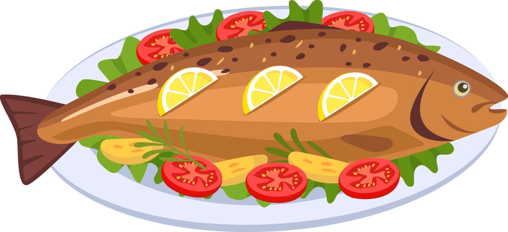 Grilled fish is served on white plate decorated with lemon slices. Potato wedges. Tomato slices. Rosemary sprigs and lettuce leaves. Creating a visually appealing and delicious culinary presentation vector