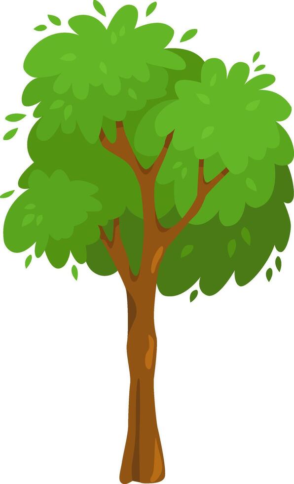 Cartoon illustration of a lush green tree standing tall with vibrant foliage, showcasing a thick brown trunk and lively green leaves, ideal for nature themed projects vector
