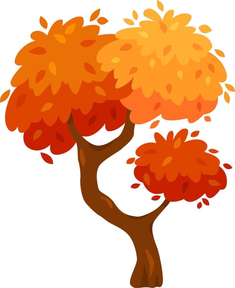 Cartoon tree with orange and red leaves falling, representing the autumn season, isolated on a white background, ideal for children's illustrations or nature themed projects vector