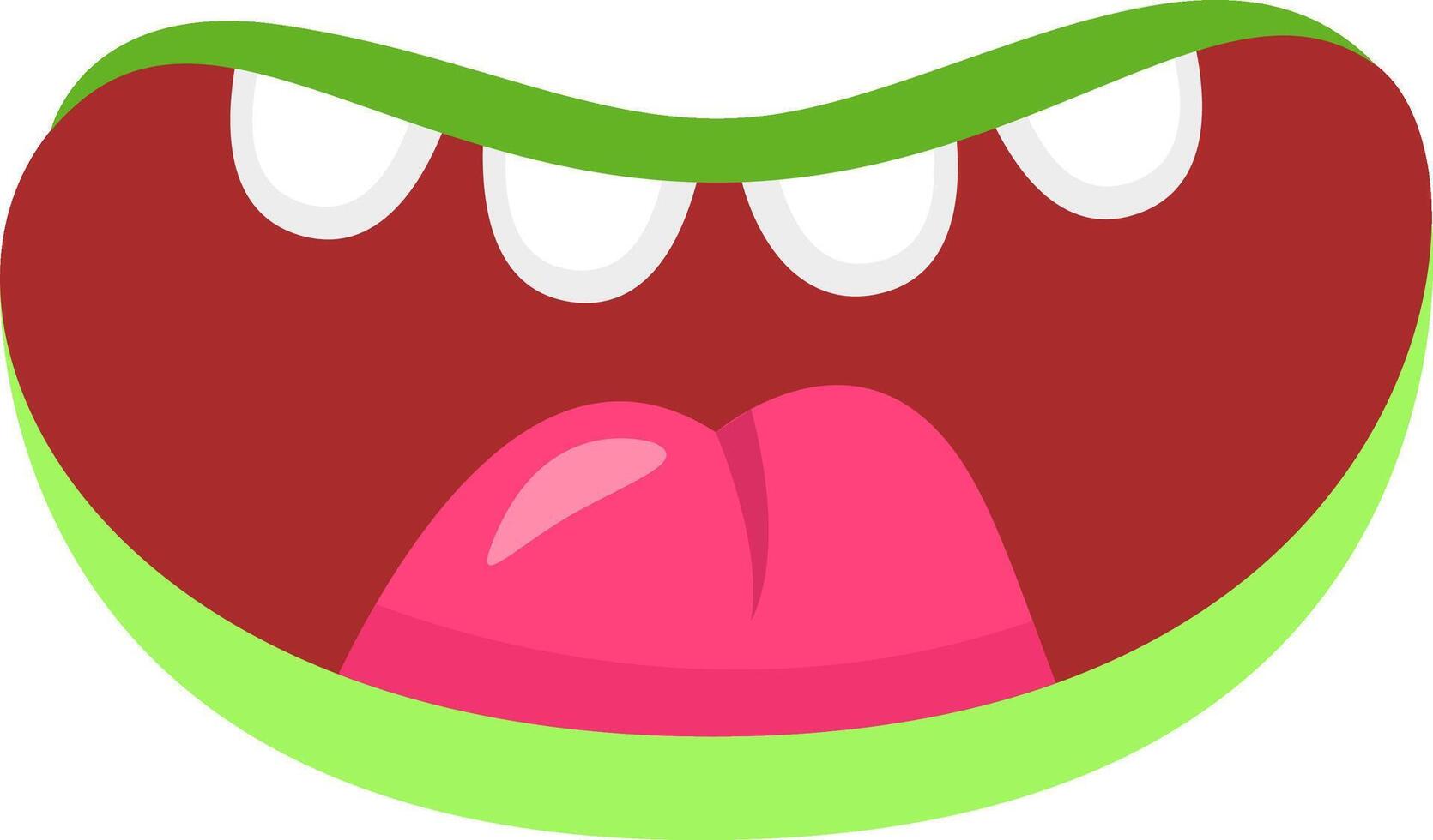 Green cartoon mouth with white teeth and pink tongue sticking out, making a funny face, ideal for children's illustrations or entertainment projects vector