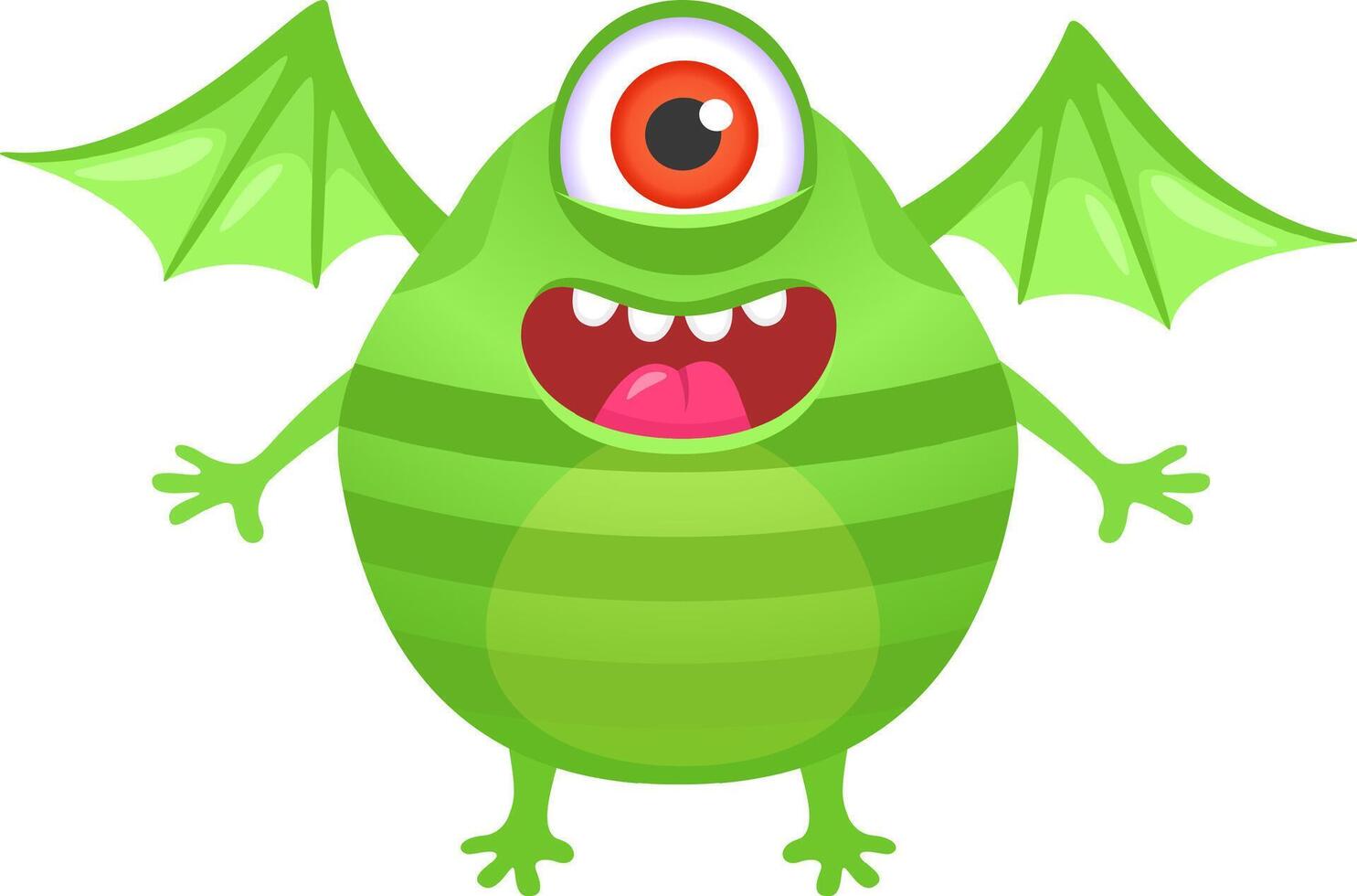 Funny green cartoon monster with one big red eye, bat wings and big smile with tongue out, isolated on white background is laughing out loud vector