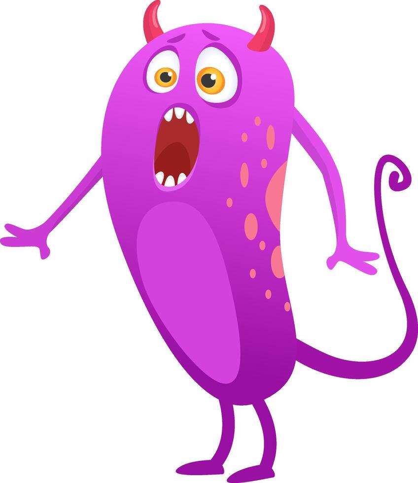 Funny surprised cartoon monster character with horns and tail screaming loudly, suitable for halloween designs or children book illustrations vector
