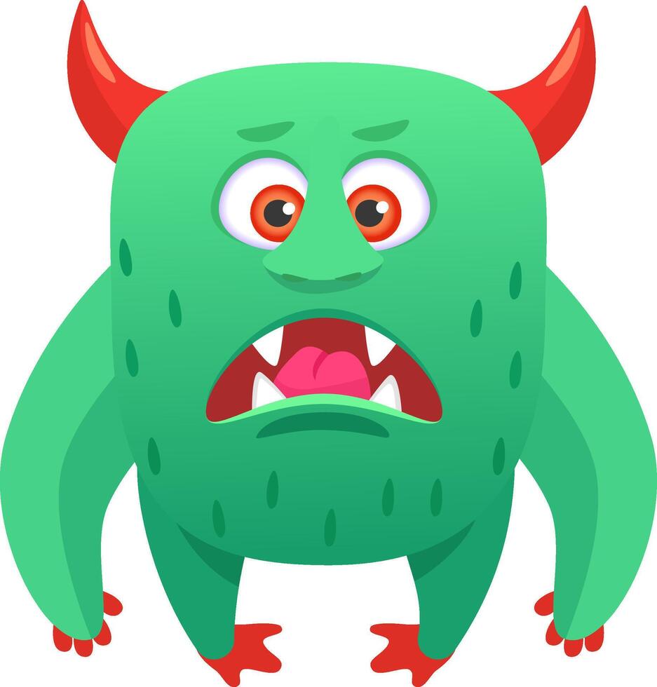 Funny green cartoon monster with vibrant red horns and oversized eyes, roaring and displaying sharp teeth and a playful tongue, perfect for children's illustrations and whimsical designs vector