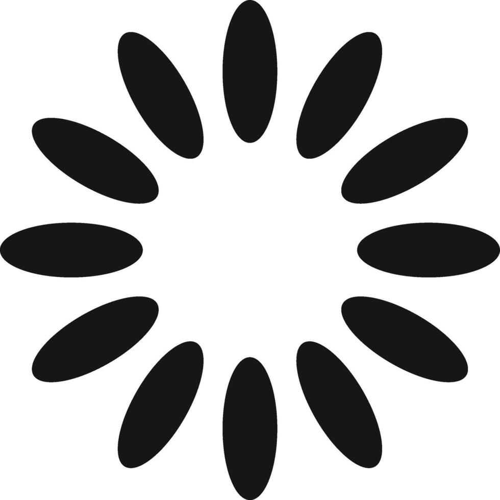 Simple black loading symbol made of twelve oval shapes arranged in a circle, creating a visual representation of a rotating, buffering, or processing operation vector