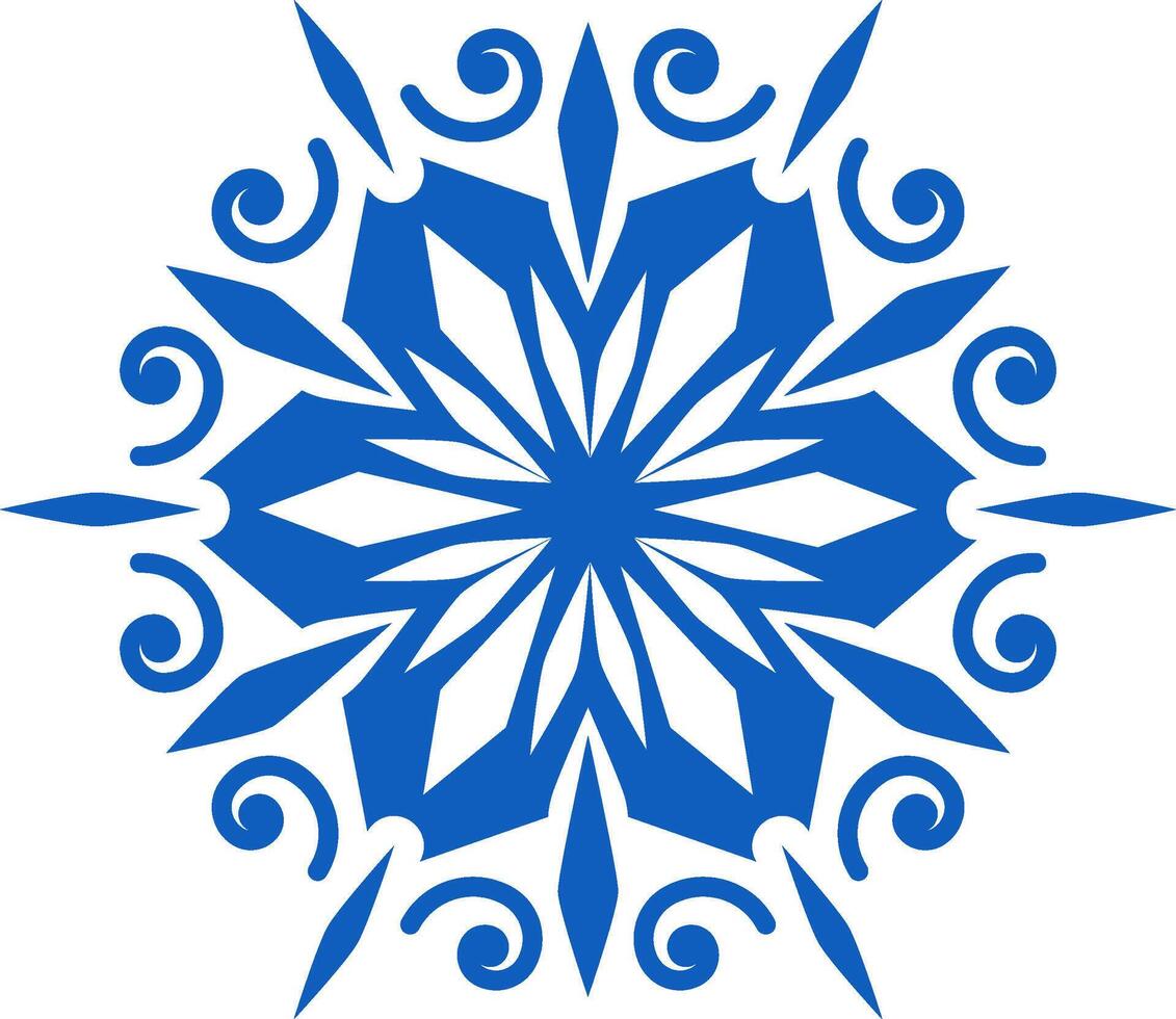 Stylized blue snowflake featuring intricate swirls and sharp edges, evoking a magical winter atmosphere perfect for enhancing festive designs and holiday decorations vector