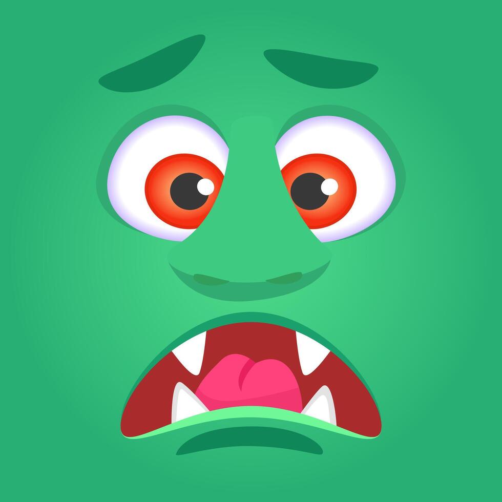 Funny cartoon monster face showing fear with open mouth, red eyes and furrowed brows, ideal for halloween projects or children illustrations vector
