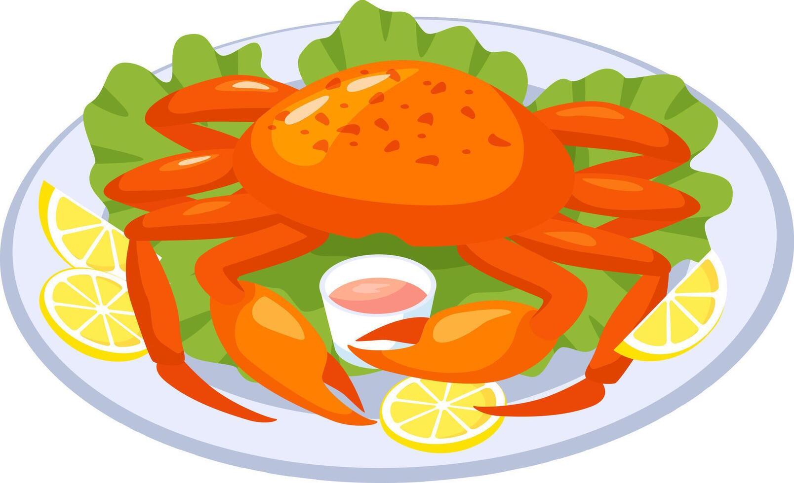 Cooked crab resting on a bed of fresh lettuce, accompanied by vibrant lemon slices and a flavorful sauce on a white plate, creating an inviting seafood dining experience vector