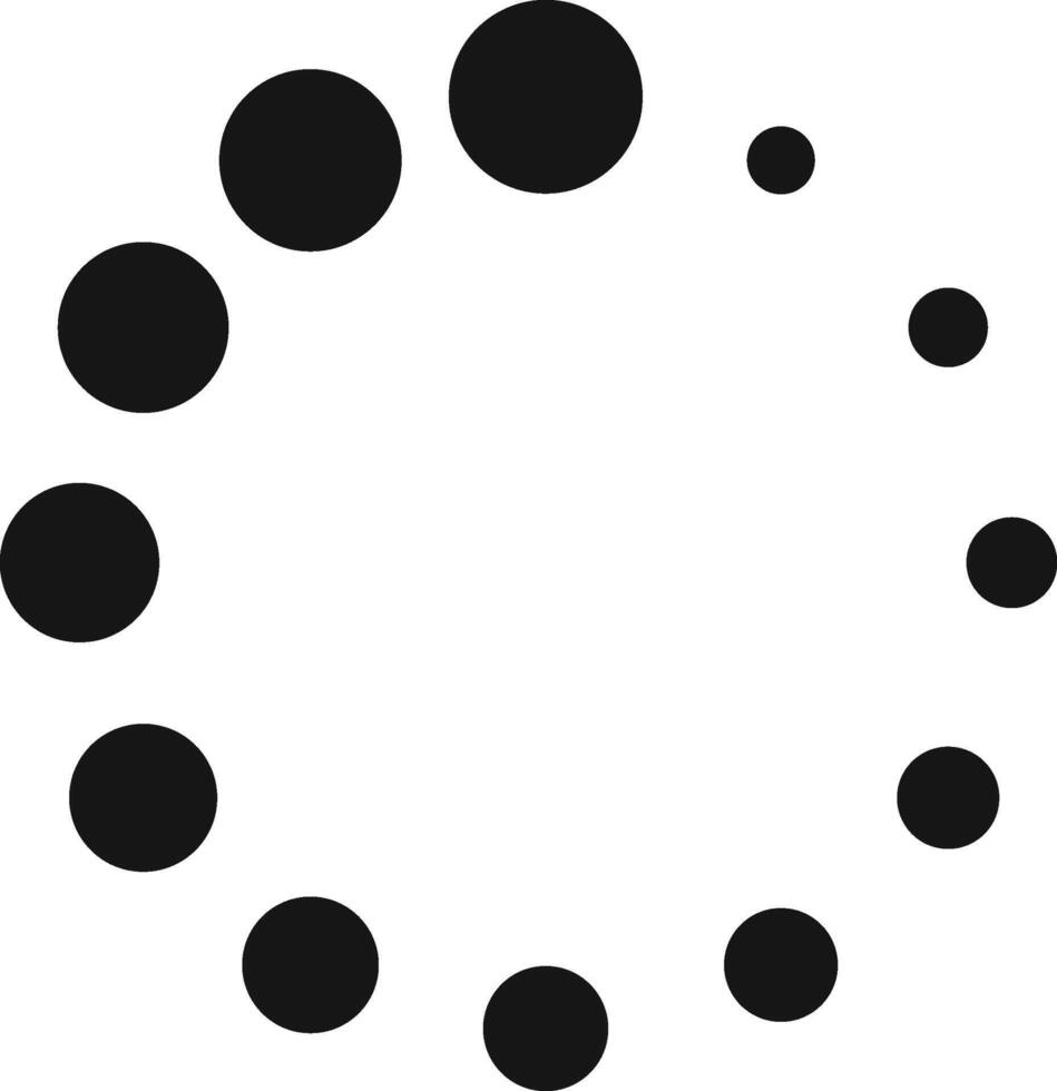 Loading icon featuring twelve black dots arranged in a circular pattern, visually representing processing or buffering. Ideal for illustrating progress in digital interfaces vector
