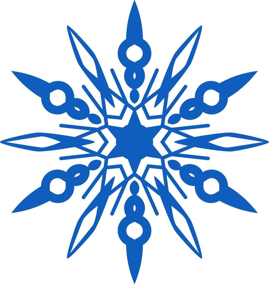 Intricate blue snowflake design radiating outwards from a central star shape, featuring detailed radial arms and intricate patterns, evoking a sense of winter wonderland and festive cheer vector