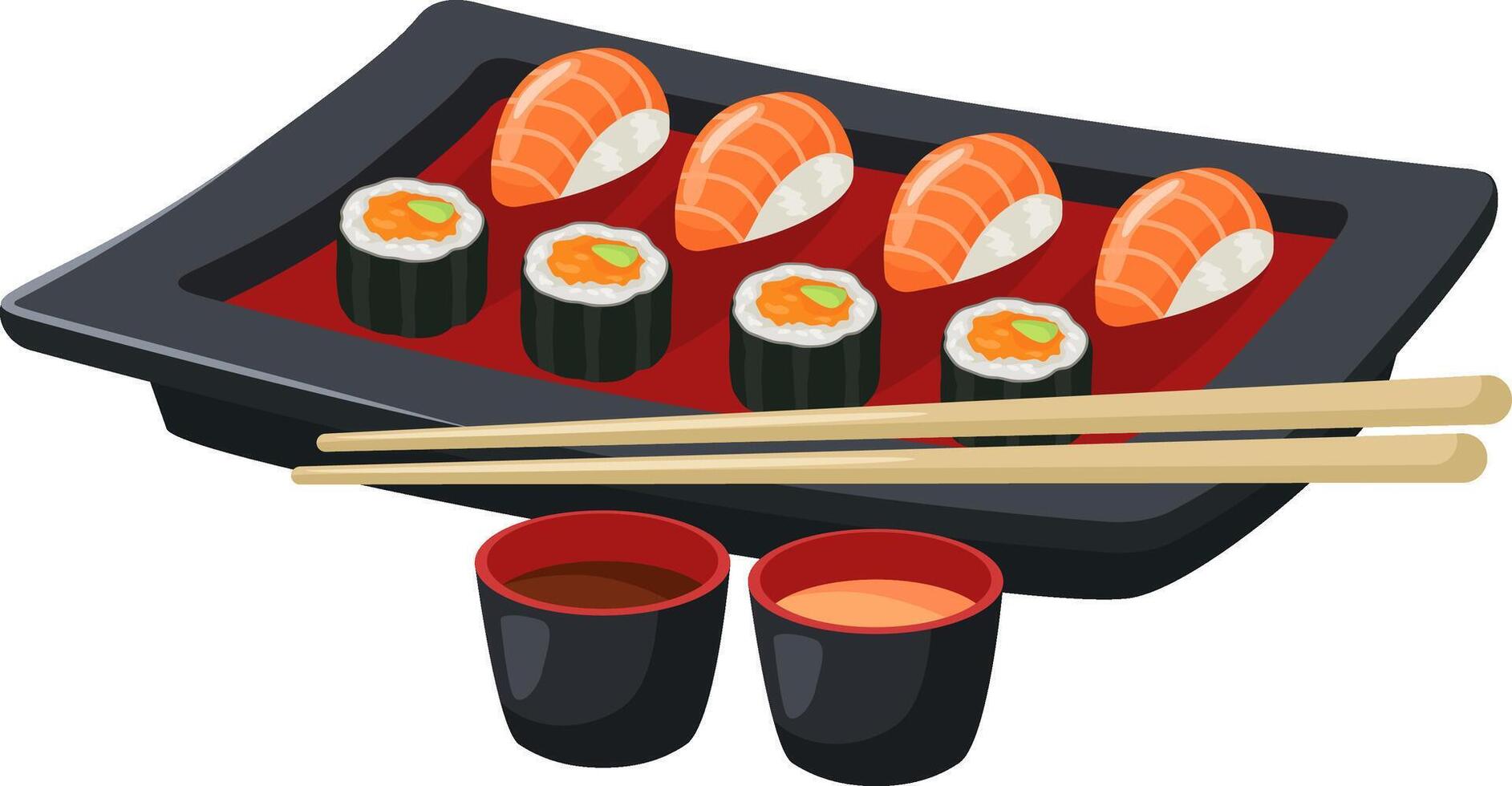 Freshly made sushi pieces and nigiri with salmon are served on a sleek black plate. Accompanied by chopsticks and small bowls containing soy sauce and spicy mayo. Creating an enticing culinary scene vector