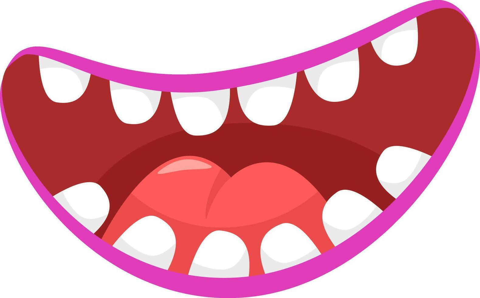 Cartoon mouth with pink lips, white teeth and red tongue, screaming, shouting, surprised or singing, isolated illustration on white background vector