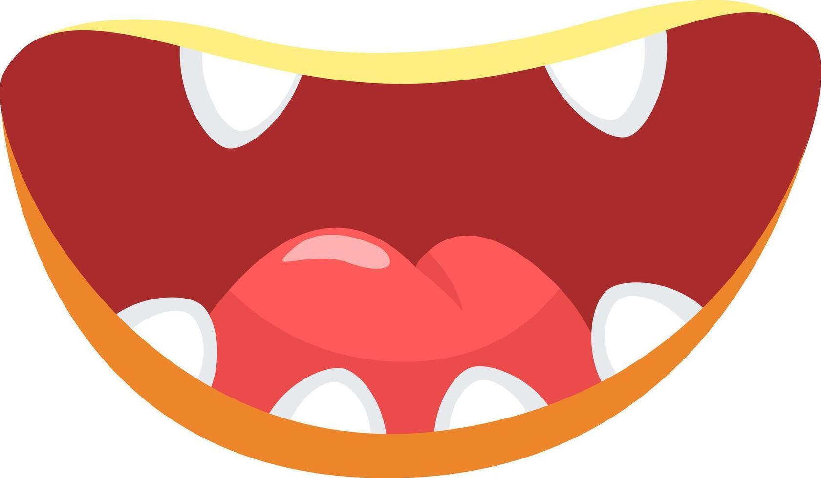Cartoon mouth widely opening, showcasing a vibrant tongue and bright teeth, exuding joy and playfulness, perfect for a variety of design projects and cheerful themes vector