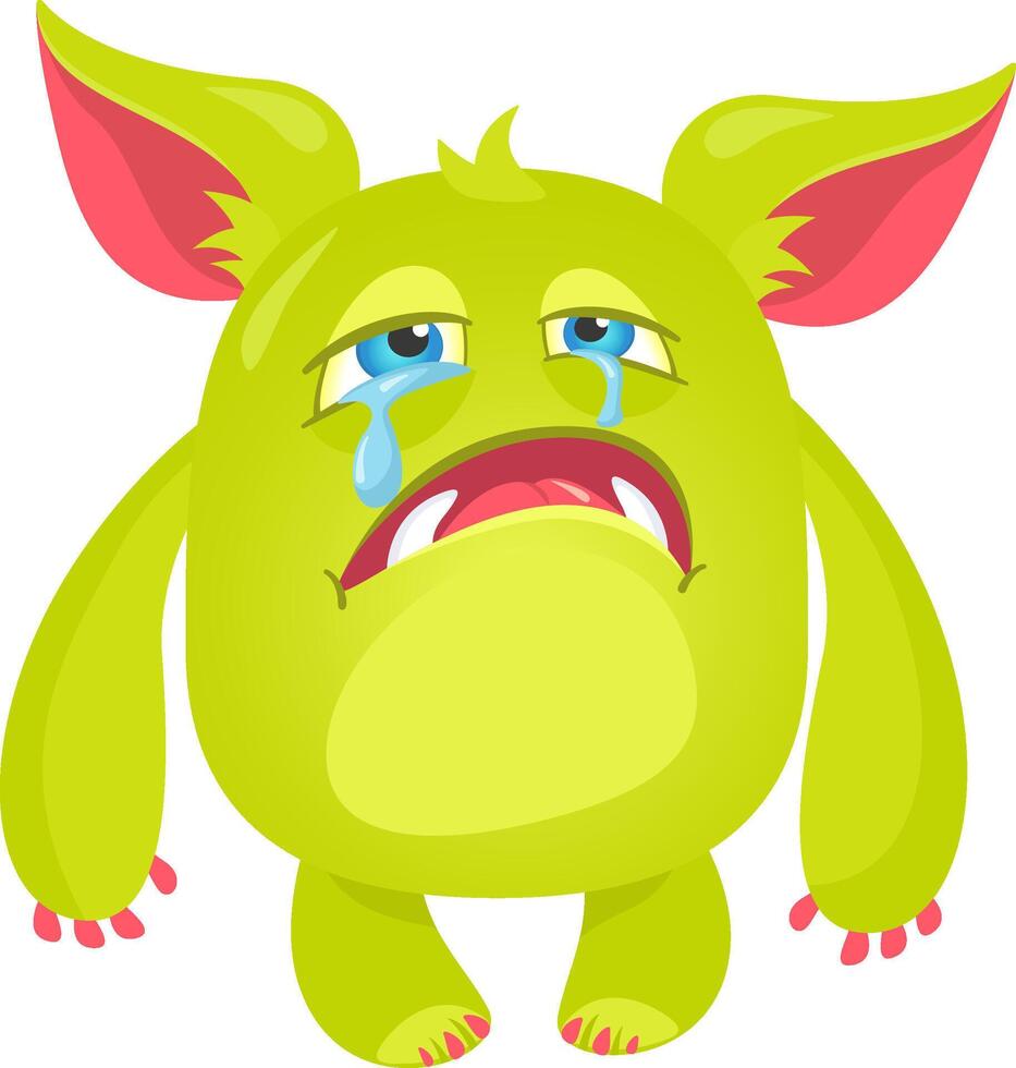 Whimsical illustration presents a light green cartoon monster, its large, expressive eyes welling up with blue tears as they stream down its face, conveying a sense of sadness and dejection vector