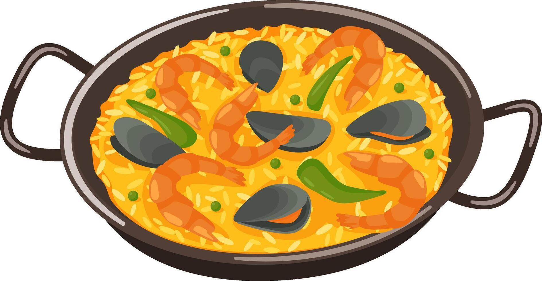 Simmering in a traditional paella pan, the vibrant dish features fresh seafood, including shrimp and mussels, combined with rice and colorful vegetables, embodying Spanish culinary culture vector
