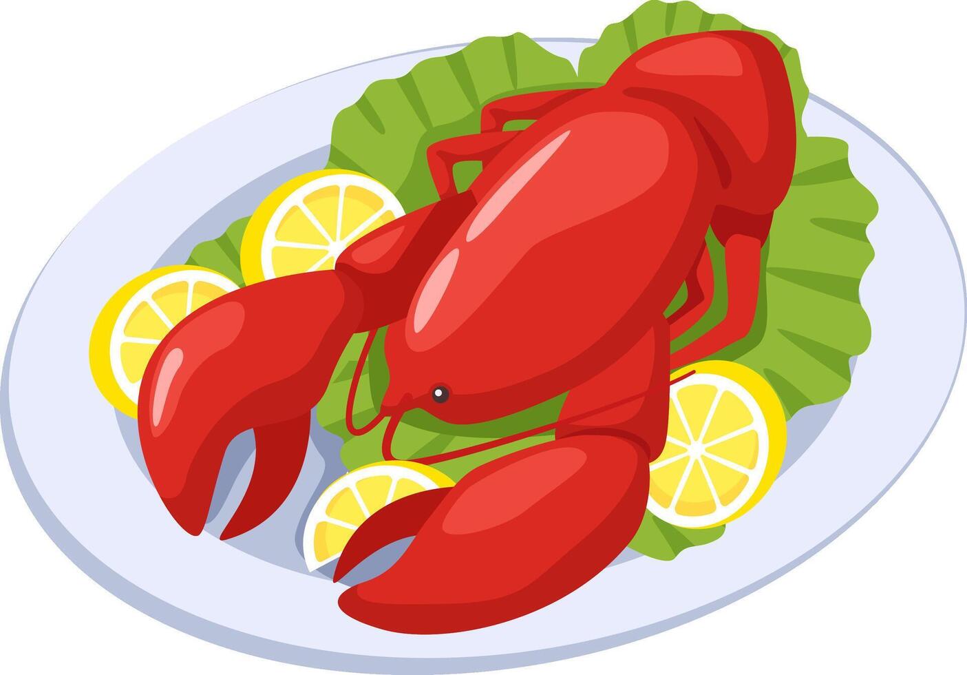 Whole cooked lobster served on white plate with lemon slices and green lettuce, healthy seafood meal rich in protein and omega 3 fatty acids, delicious and nutritious dish vector