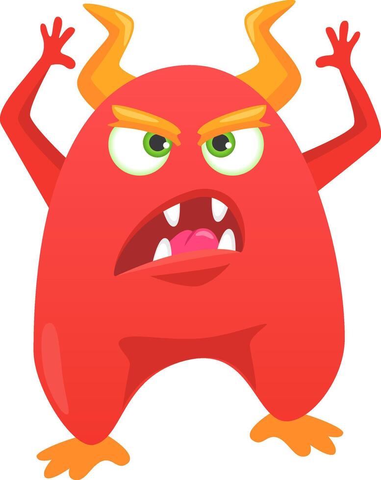 Cartoon illustration of a red monster with horns, roaring and raising hands, showing teeth and tongue, with green eyes and orange feet, isolated on white background vector