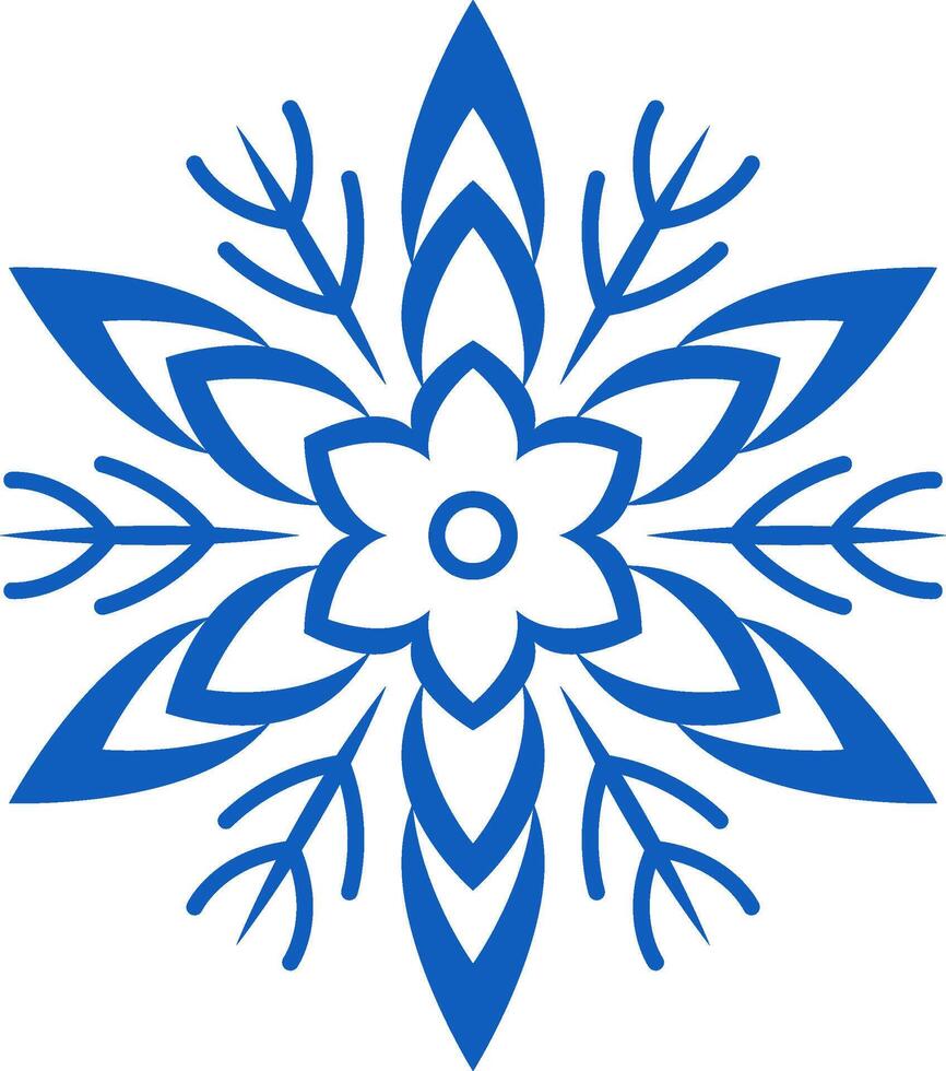 Stylized blue snowflake featuring intricate floral patterns evokes a festive winter atmosphere, enhancing Christmas and holiday decorations with its elegant and decorative design vector