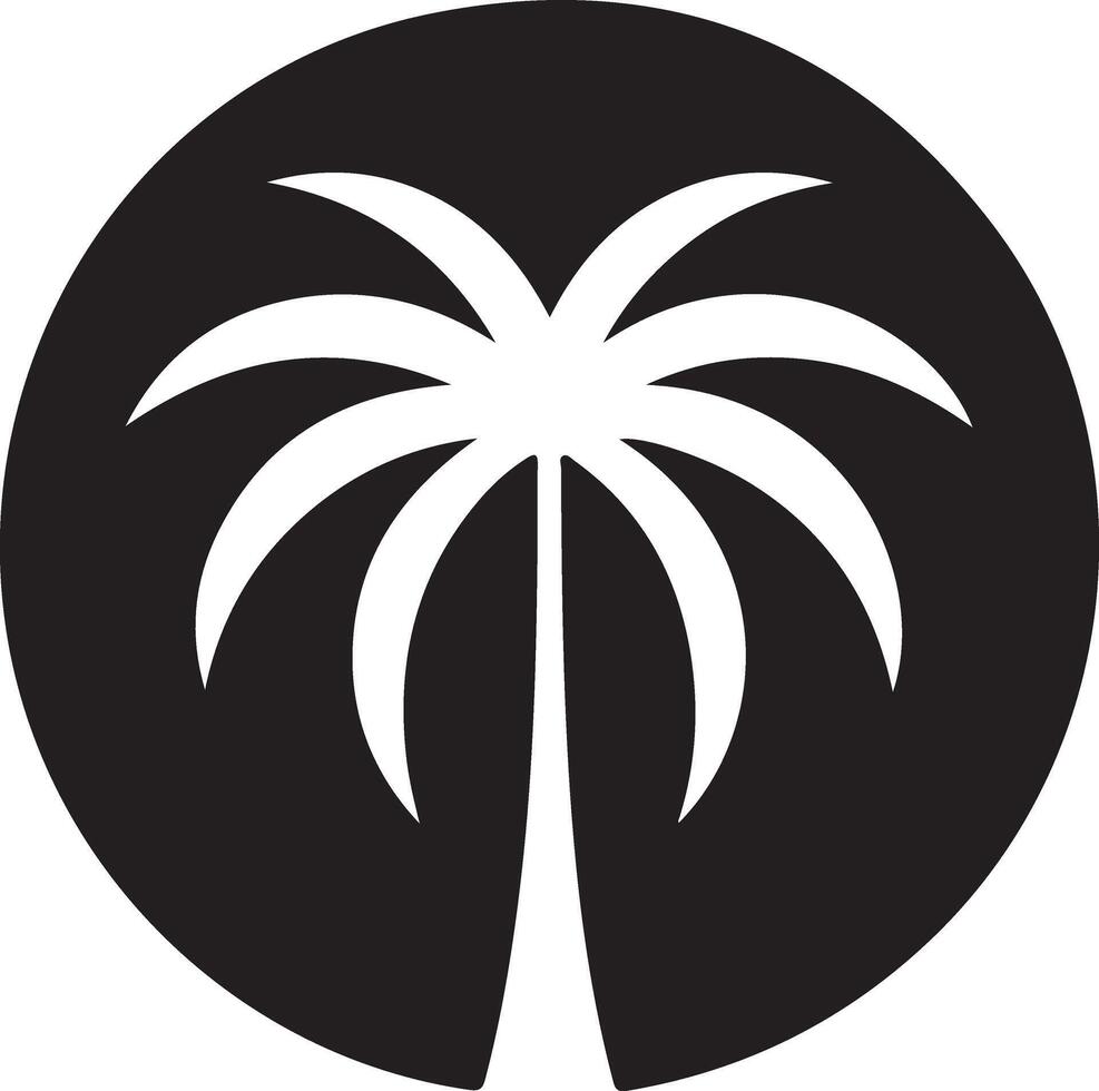 A stylized black and white illustration of a palm tree within a circular frame. The design is simple, bold, and perfect for logos, icons, or tropical-themed projects. vector