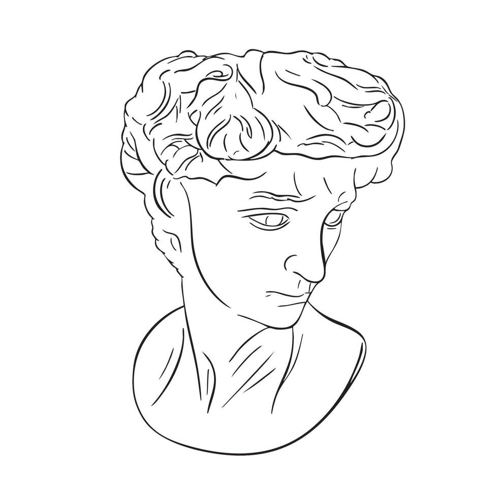 Linear sketch drawing of Divid head. Antique statue of the mythical god in the engraving style. Creative minimal for design, web, stickers vector