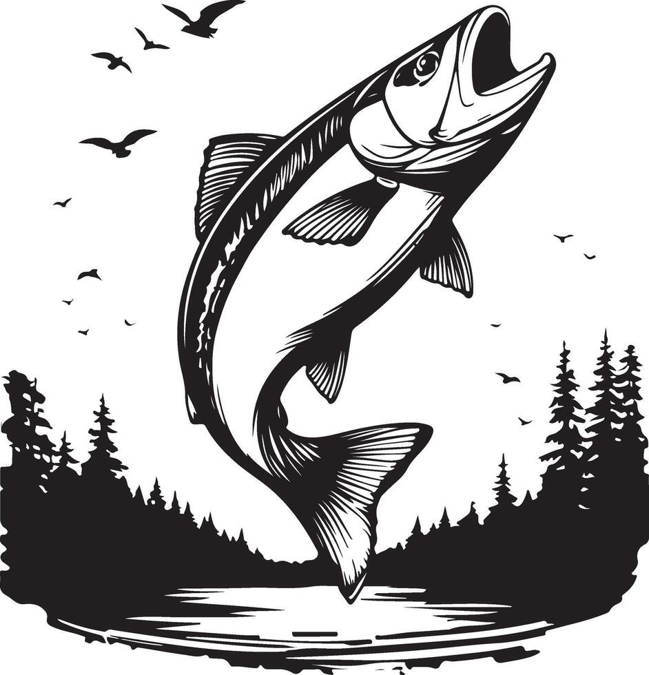 Bold Black and White Illustration of a Leaping Salmon in Wilderness vector