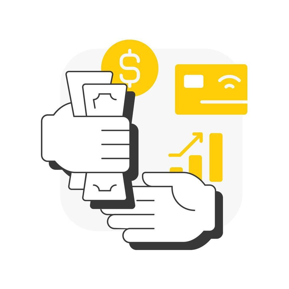 Pay flat outline concept icon. Employee payment, salary. Compensation gifts, benefits. Credit card, technology. Modern line illustration with yellow glyphs. Conceptual visual. Easy to edit vector