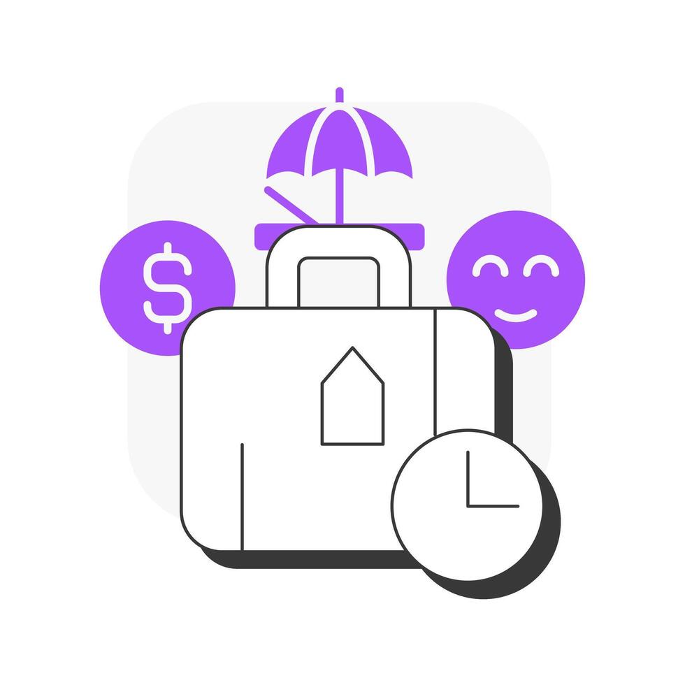 Paid time off flat outline concept icon. Vacation, travelling. Resort, tourism. Monthly planner, luggage. Money, finance. Modern line illustration with purple glyphs. Conceptual visual. Easy to edit vector