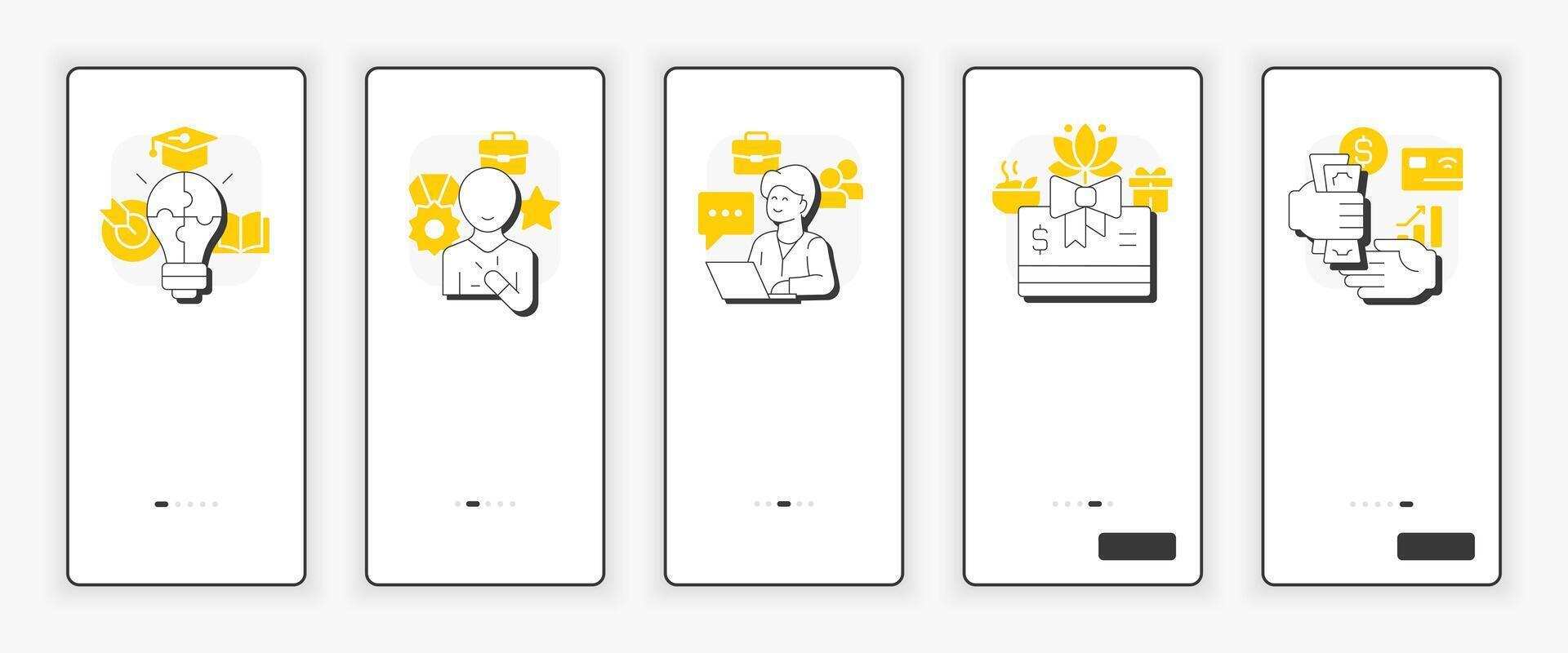 5P of employee fulfillment mobile onboarding screen. Business perks, benefits. UX UI illustration. Flat outline style icons with yellow accent vector