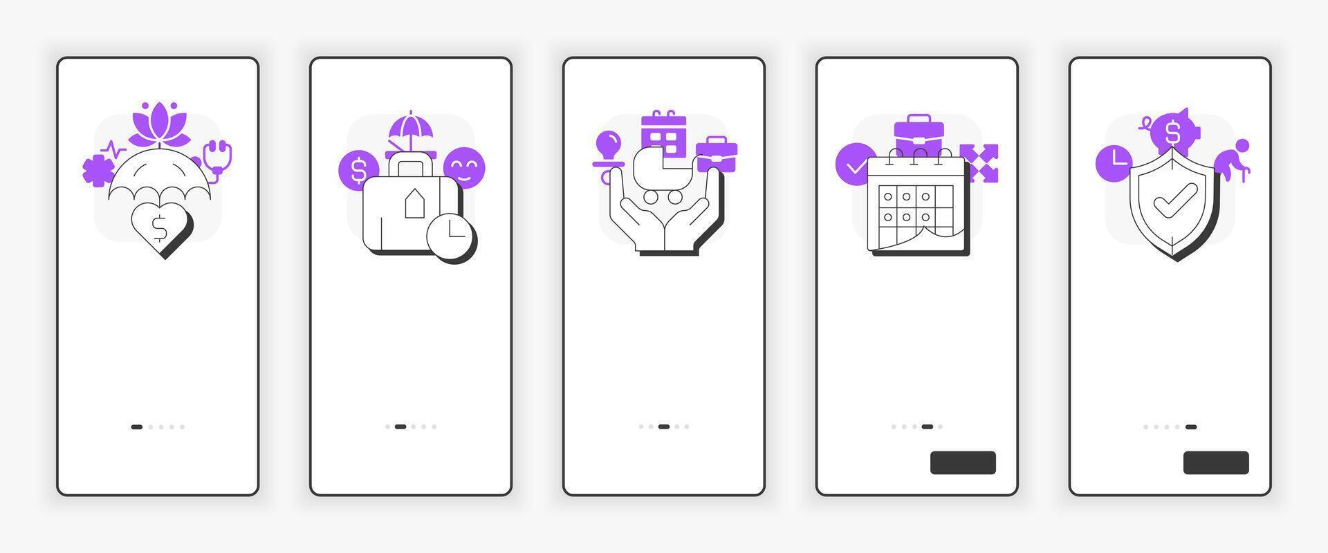 Employee benefits mobile onboarding screen. Vacation, pension. Work schedule. UX UI illustration. Flat outline style icons with purple accent vector