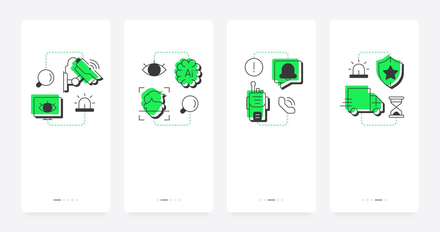 Physical security ecosystem mobile app onboarding screens. Protection of digital network. Antimalware. Flat UI UX design, green highlight with outline icons conceptual vector