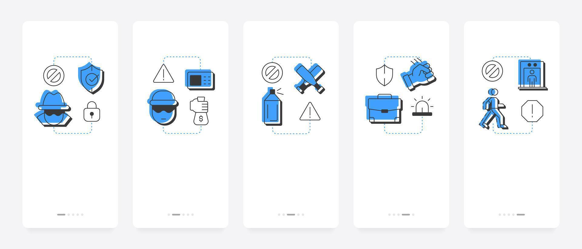 Physical security threats and risks mobile app onboarding screens. Digital data protection. Antimalware tools. Flat UI UX design, blue highlight with outline icons conceptual vector