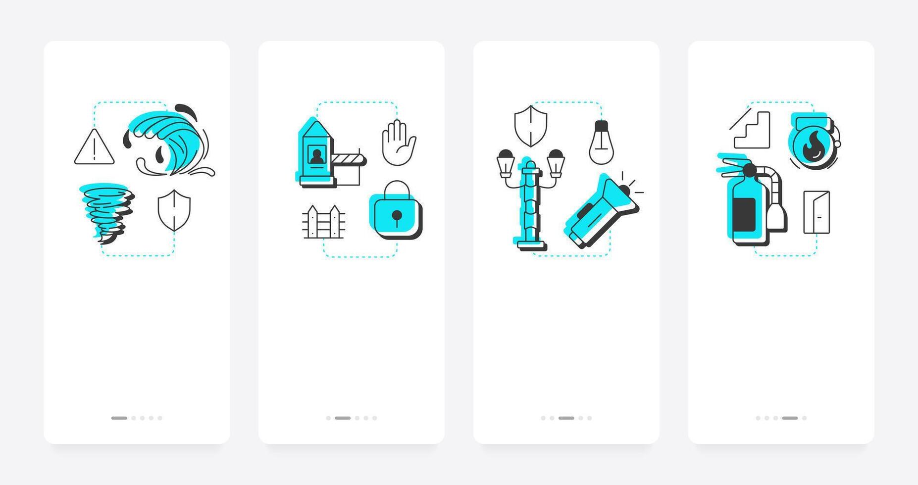 Physical security audit components mobile app onboarding screens. Monitoring potential threats. Users safety. Flat UI UX design, blue highlight with outline icons conceptual vector