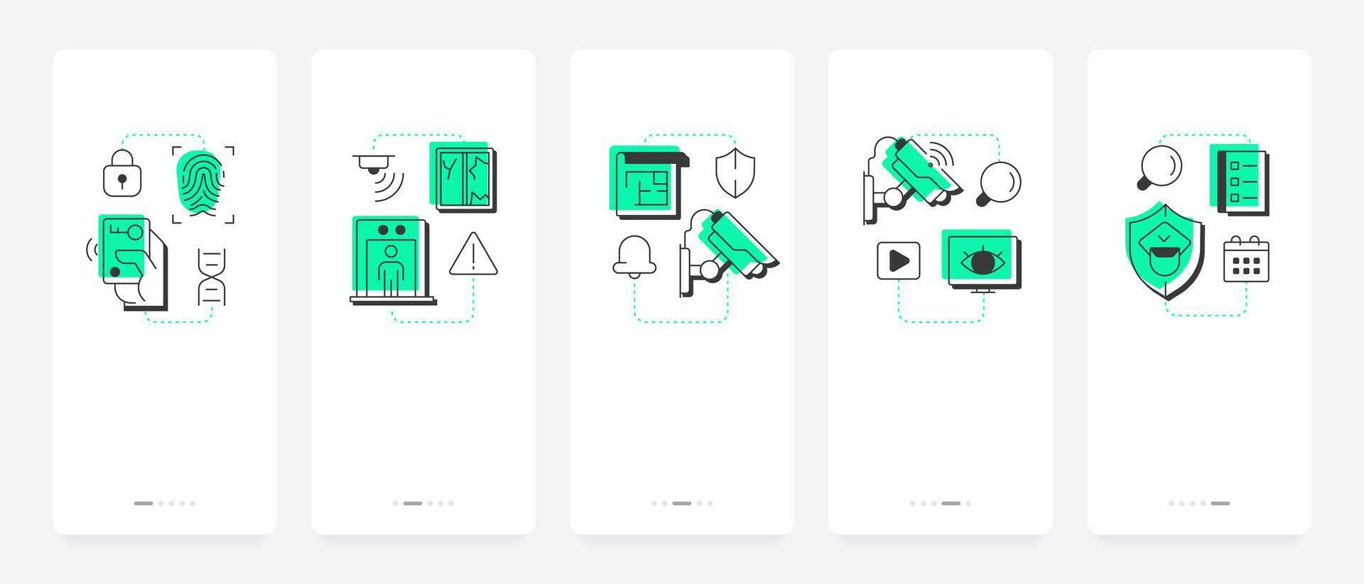 Components of physical security systems mobile app onboarding screens. Equipment providing safety improvement. Flat UI UX design, green highlight with outline icons conceptual vector