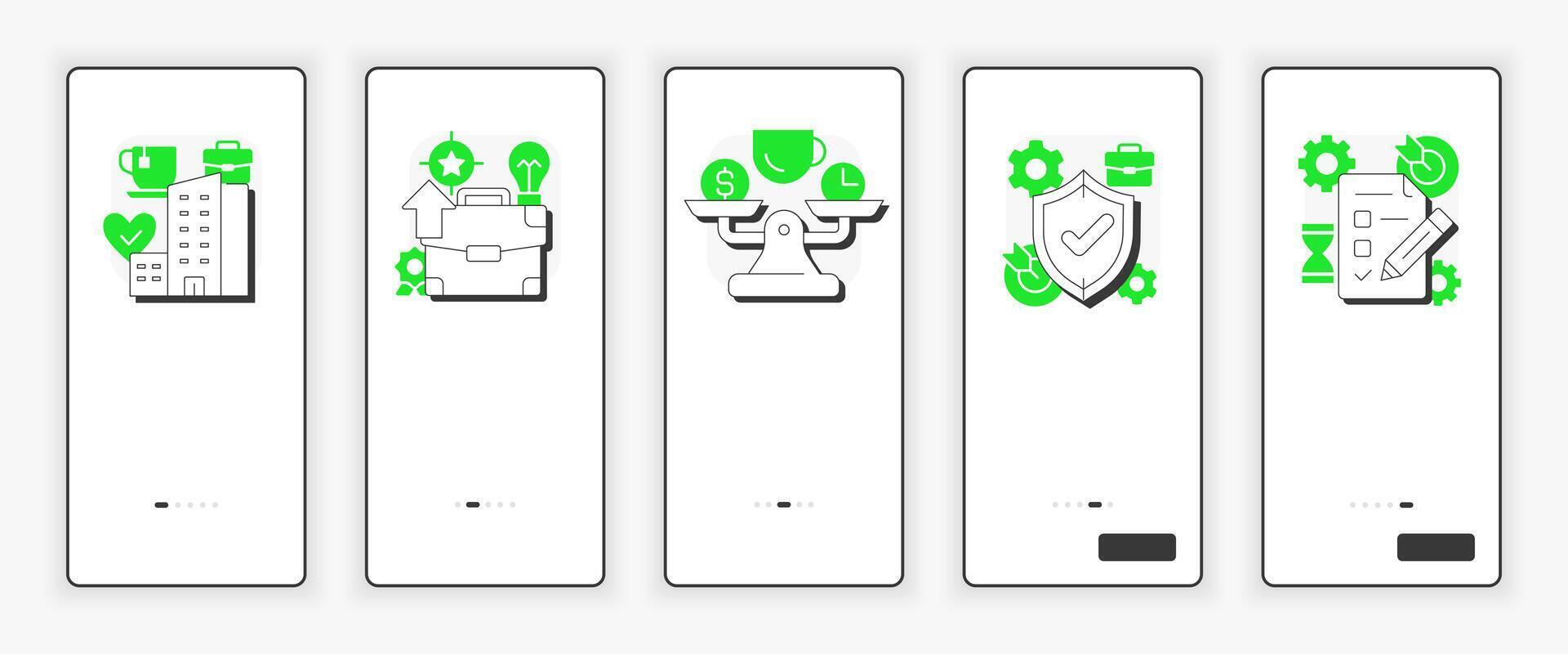 Job satisfaction key drivers mobile onboarding screen. Workload management. UX UI illustration. Flat outline style icons with green accent vector