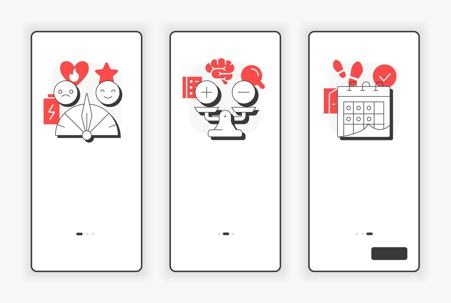 Job attitude components mobile onboarding screen. Employee psychology, tracking. UX UI illustration. Flat outline style icons with red accent vector
