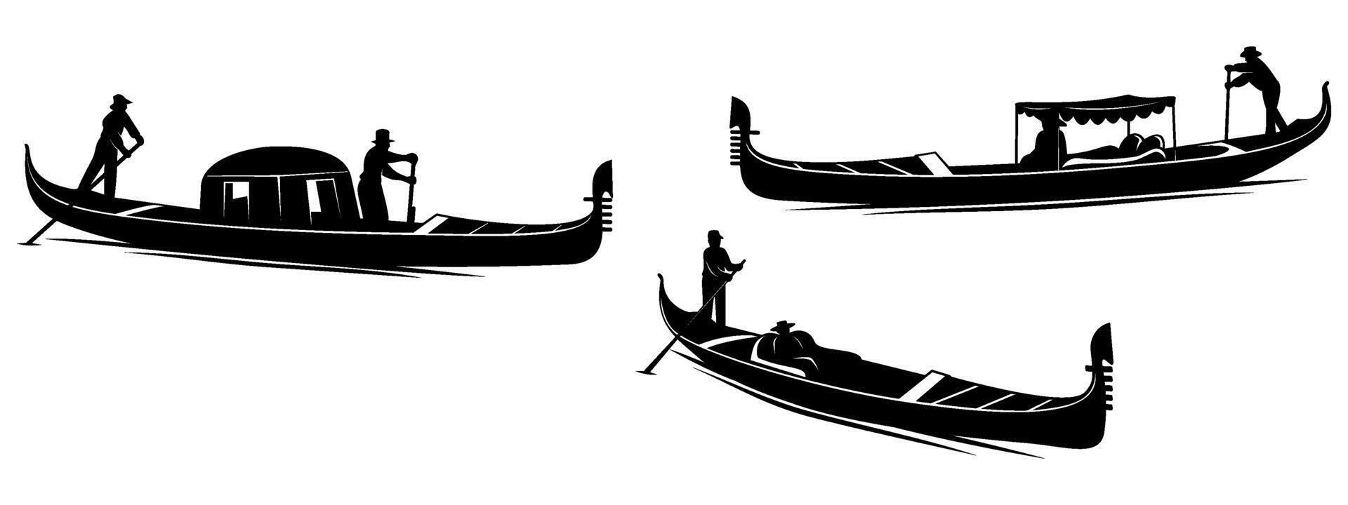 Venetian Gondolas Silhouettes. Black and white cliparts isolated on white. vector