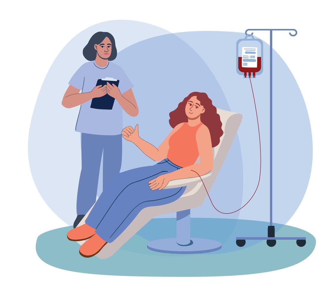 Mutual support blood donation - conceptual illustration of nurse and woman donating blood vector