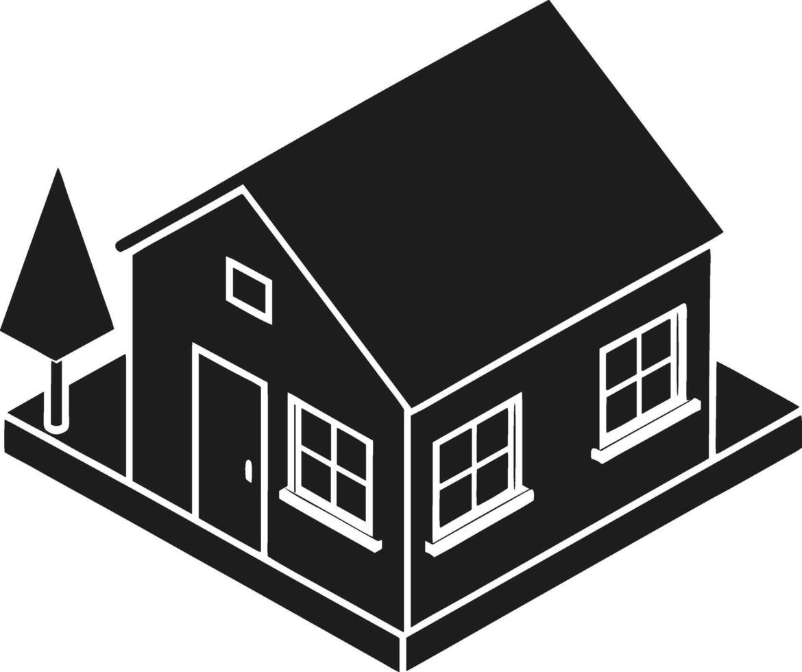 Isometric House Silhouette with Tree - Minimalist Black Home Architecture vector