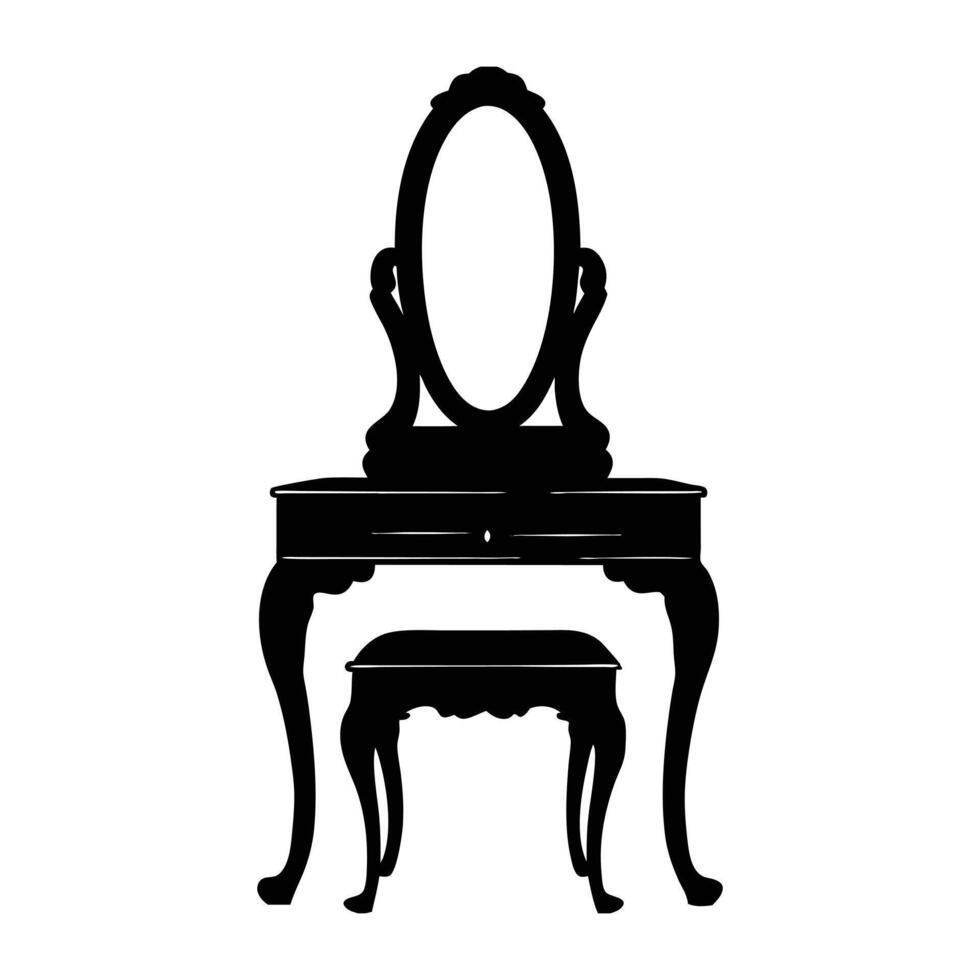 black and white illustration of a dressing table and mirror. vector