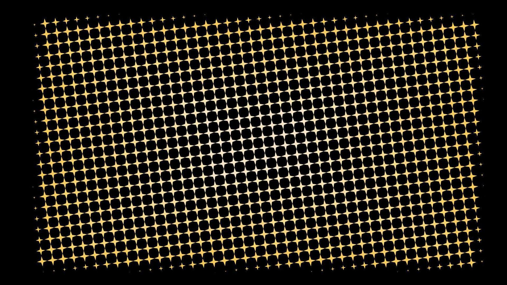 Abstract halftone background with glowing yellow and orange dots on a dark black canvas. for digital art, futuristic interfaces, energetic design projects requiring a luminous and pixelated texture vector