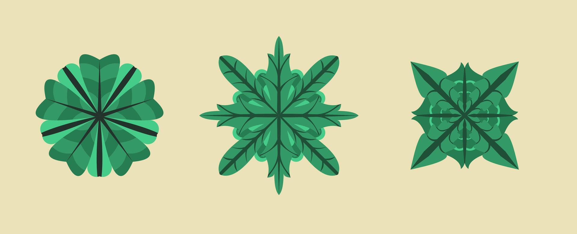 Elegant green foliage designs in three shapes, perfect for nature, organic, or eco themes. Versatile graphic elements for botany, growth, and natural beauty vector