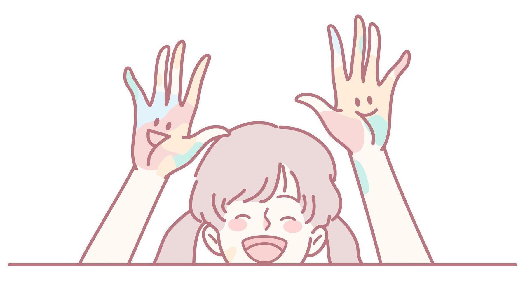 A Joyful Child With Colorfully Painted Hands Expressing Genuine Happiness and Cheerfulness vector