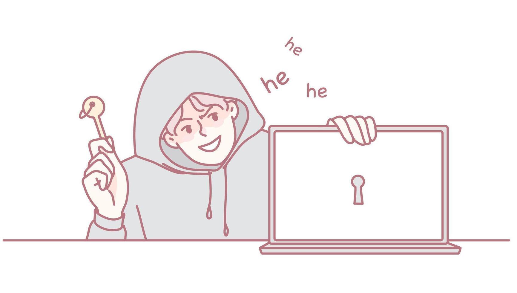 An illustration showcasing a mischievous hacker equipped with a key and a laptop vector