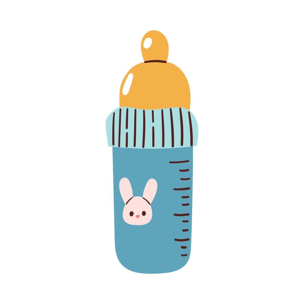 Baby bottle icon. Simple and cute infant feeding bottle clipart illustration. Features a blue and yellow design with milk or formula inside. vector