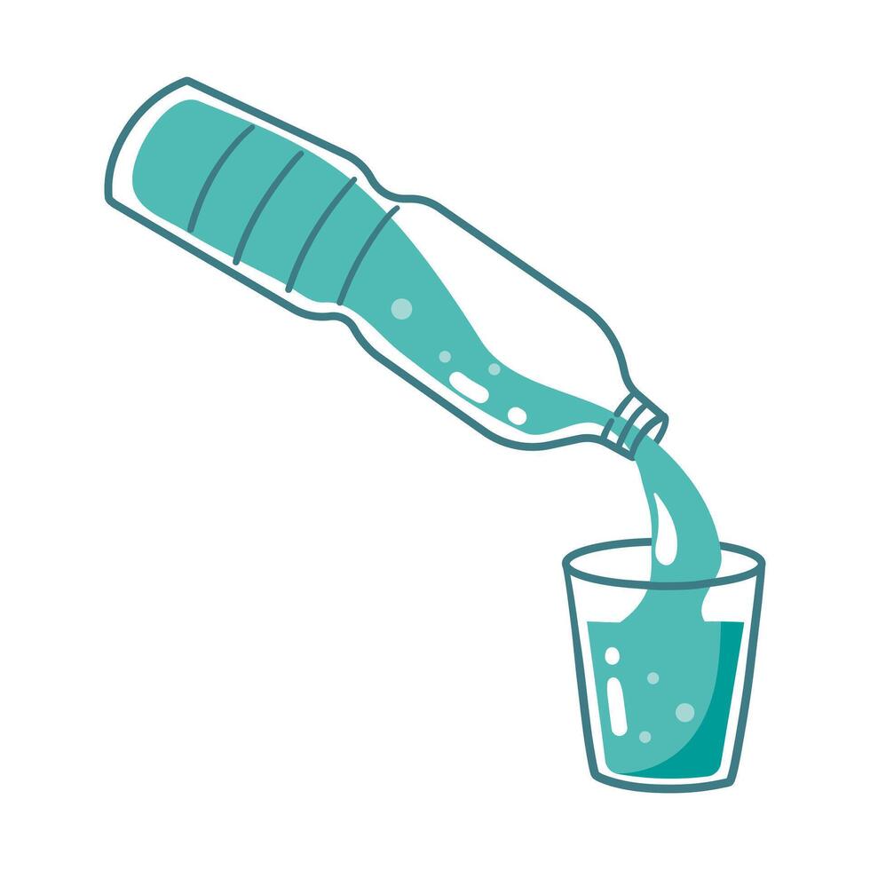 Pure water drink icon in flat style. Glass bottle and drinking glass illustration on isolated background. Water beverage sign business concept. Hand drawn cartoon vector