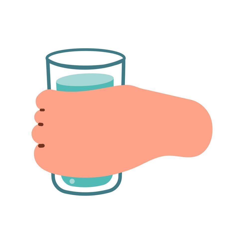 Hand holding glass of water. Drink more water concept. illustration hand drawn flat , isolate on white background . vector